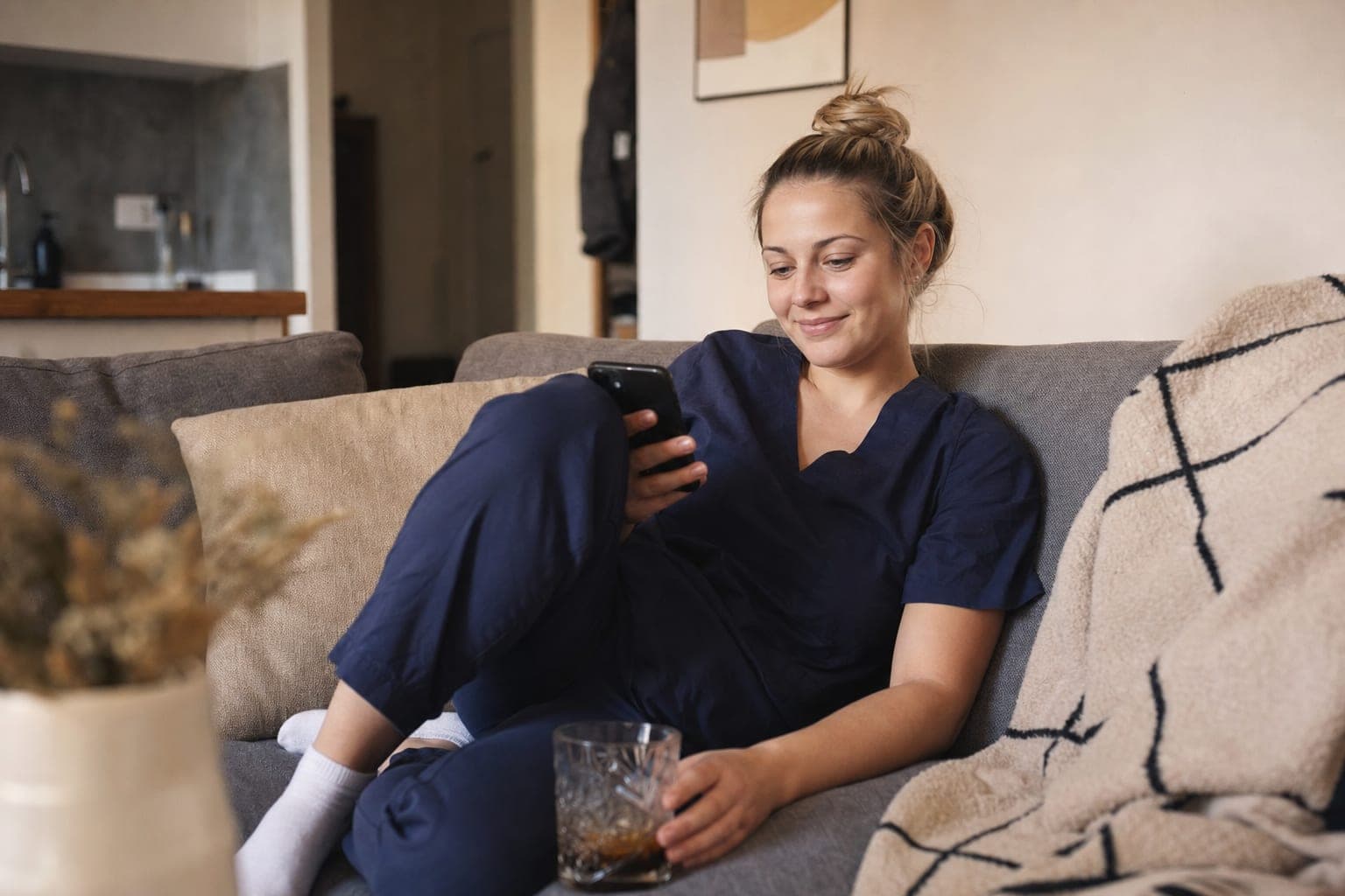 Fachkraft zuhause auf dem Sofa mit dem Telefon in der Hand